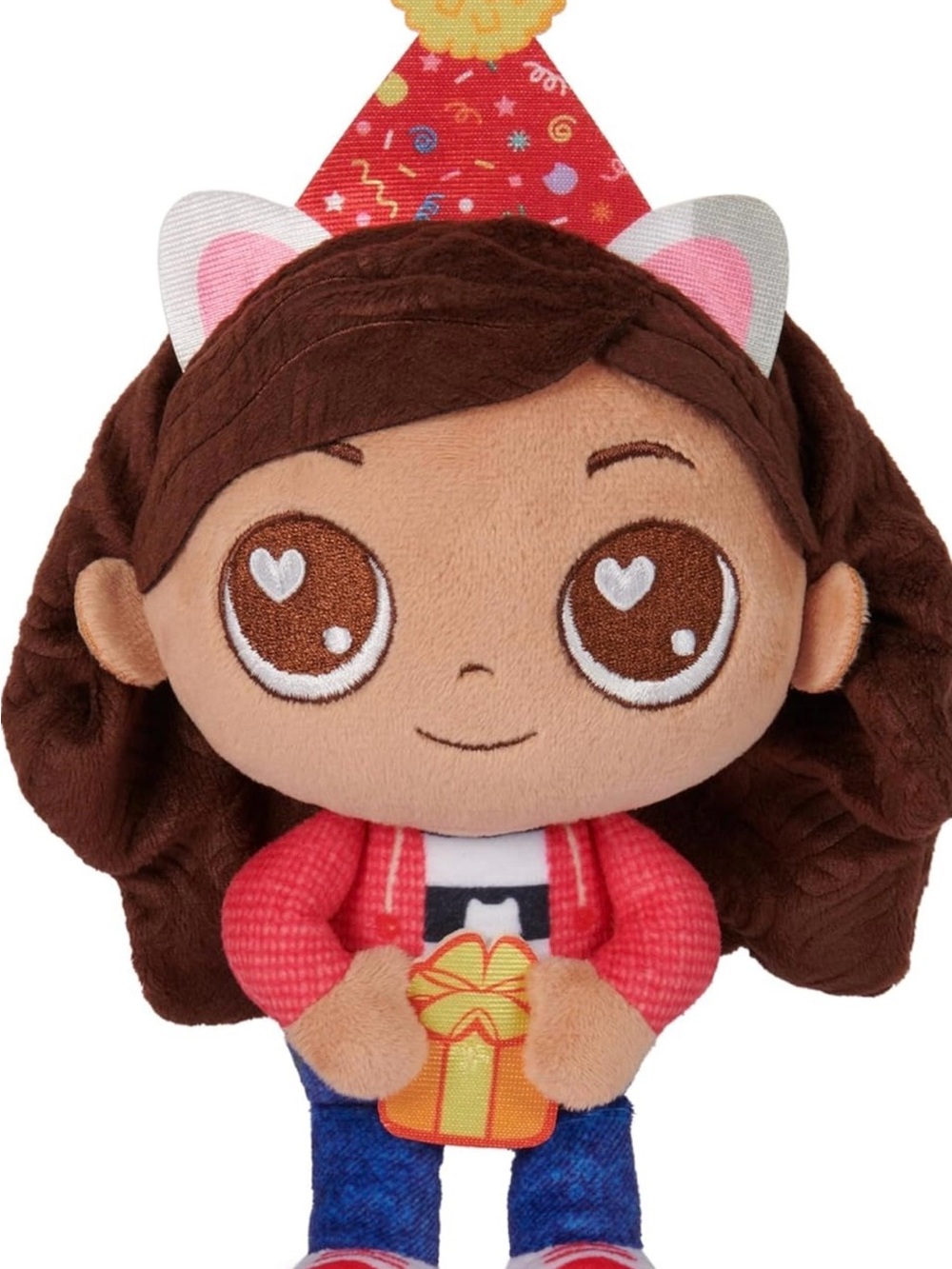 Brown-Haired Girl Plush Doll with Red Jacket and Party Hat